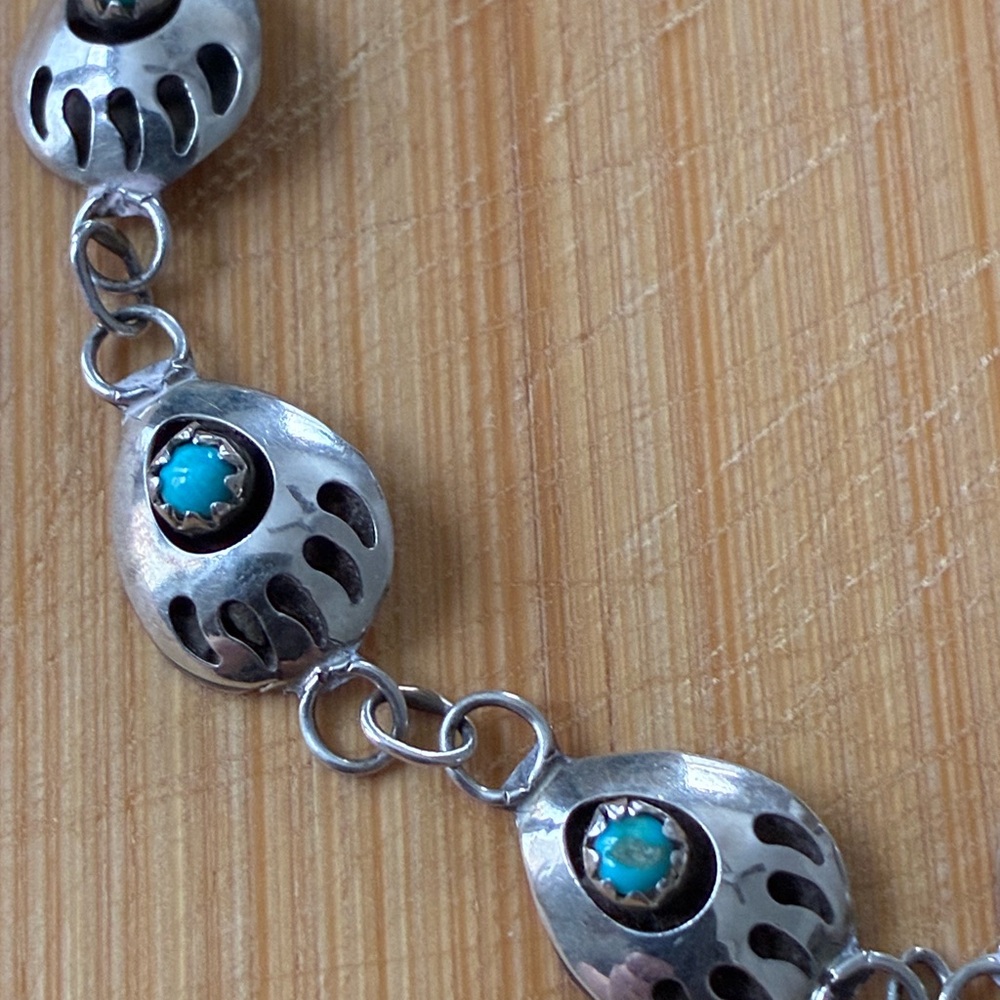 Vintage Sterling Silver and Turquoise Navajo Paw Bracelet - Picture 5 of 16
